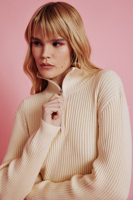 Funnel Neck Ribbed Jumper in White