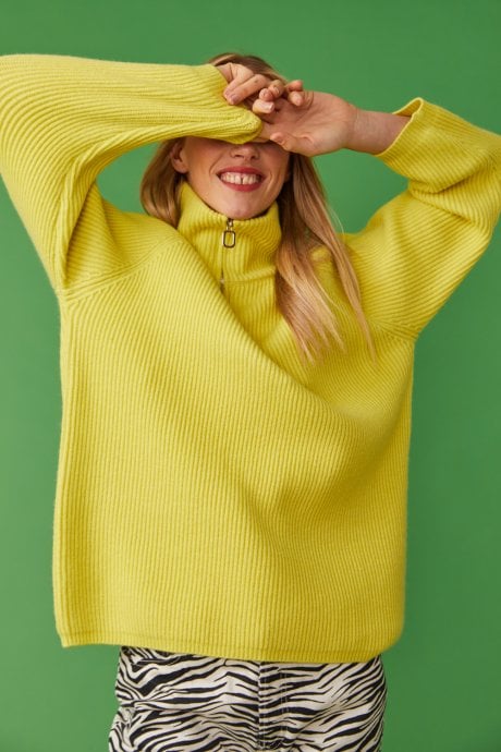 Funnel Neck Ribbed Jumper in Yellow