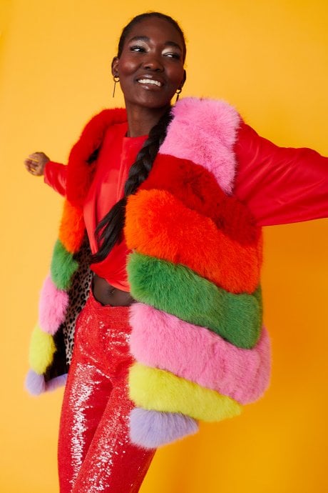 Gaga Faux Fur Striped Rainbow Gilet | Waistcoat
