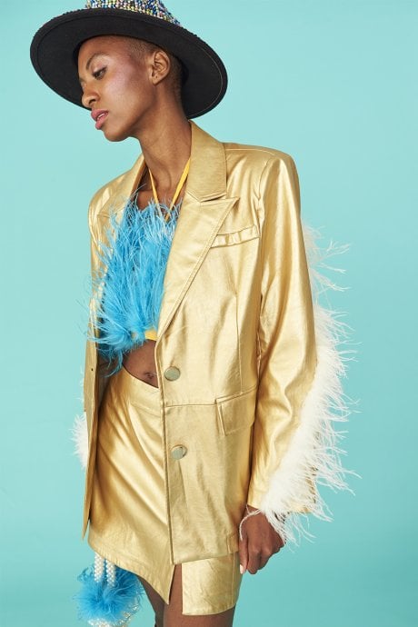 Gold Faux Leather Blazer with Feather Details