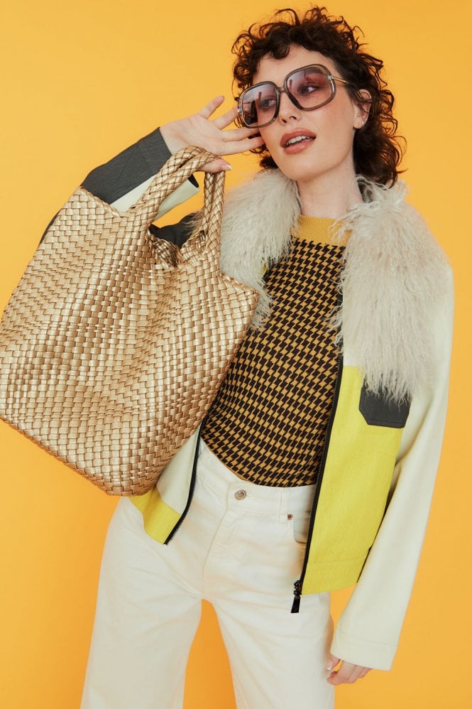 JAYLEY Gold Hand Knitted ECO Leather Tote Bag with Matching Purse
