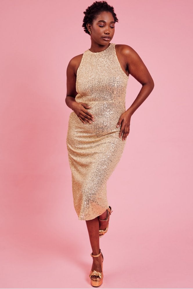 JAYLEY Gold Sequin Lightweight Maxi Dress