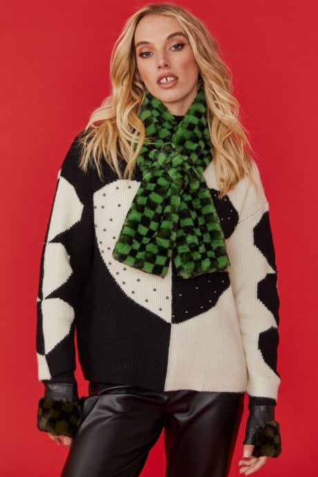 Green and Black Checkered Faux fur Scarf with Bow Detail Fastening
