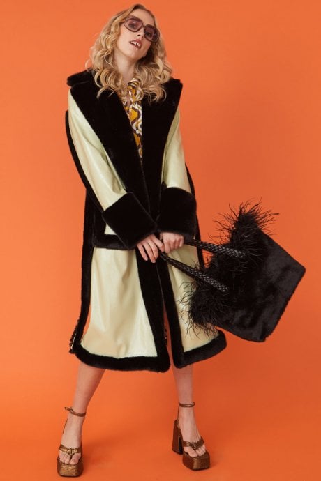 Green and Black Faux Fur and Faux Suede Trench Coat