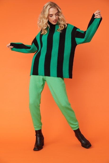 Green and Black Striped Cashmere Roll Neck Jumper