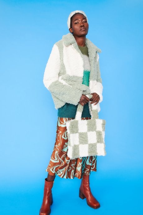 Green and White Faux Shearling Checkered Oversized Coat