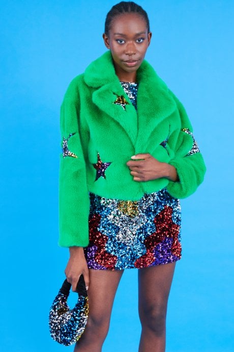 Green Bamboo Faux Fur Sequins Star Jacket