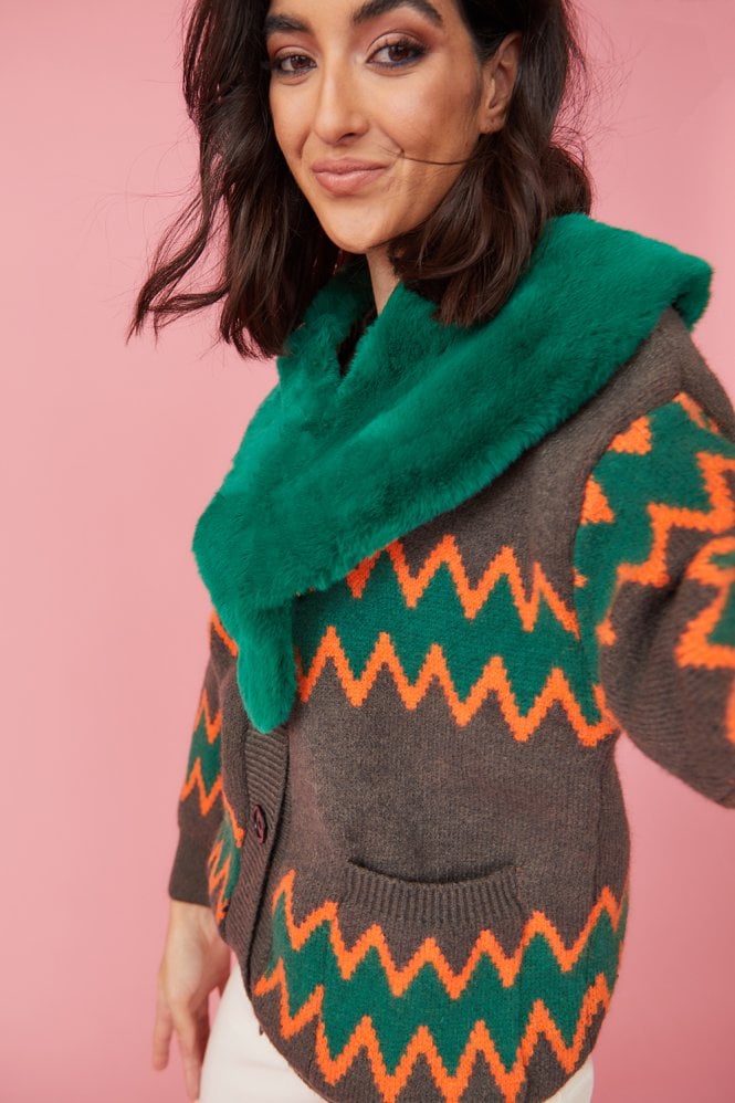 JAYLEY Green Banana Peel & Faux Fur Collar & Cardigan