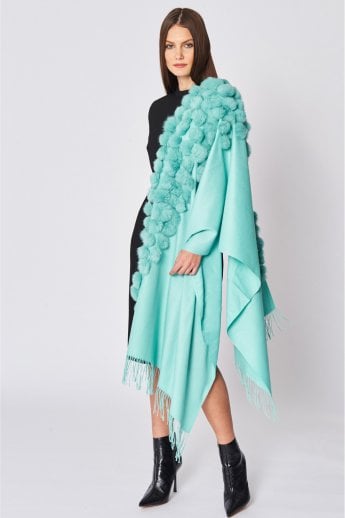 Green Cashmere and Silk with Coney Fur Pom Pom Wrap