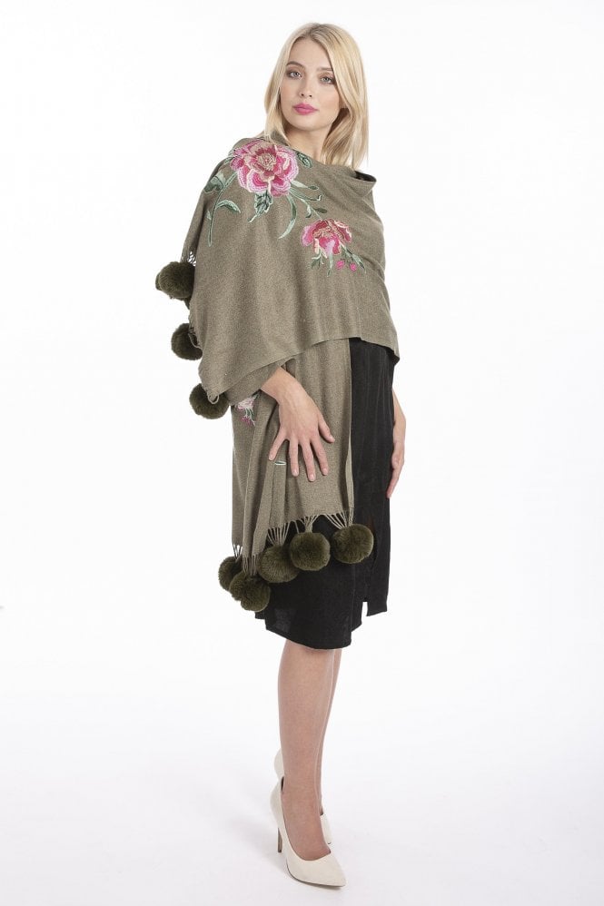 JAYLEY Green Cashmere Blend Embroidery Wrap