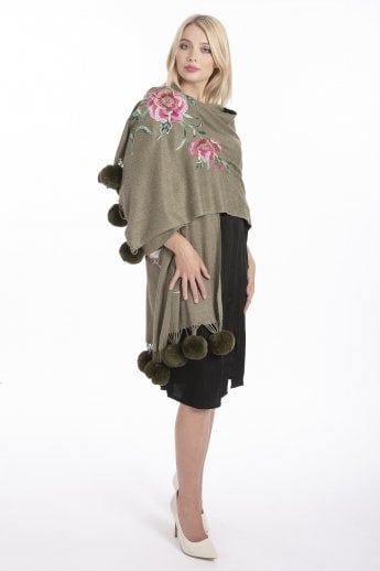 Green Cashmere Blend Embroidery Wrap