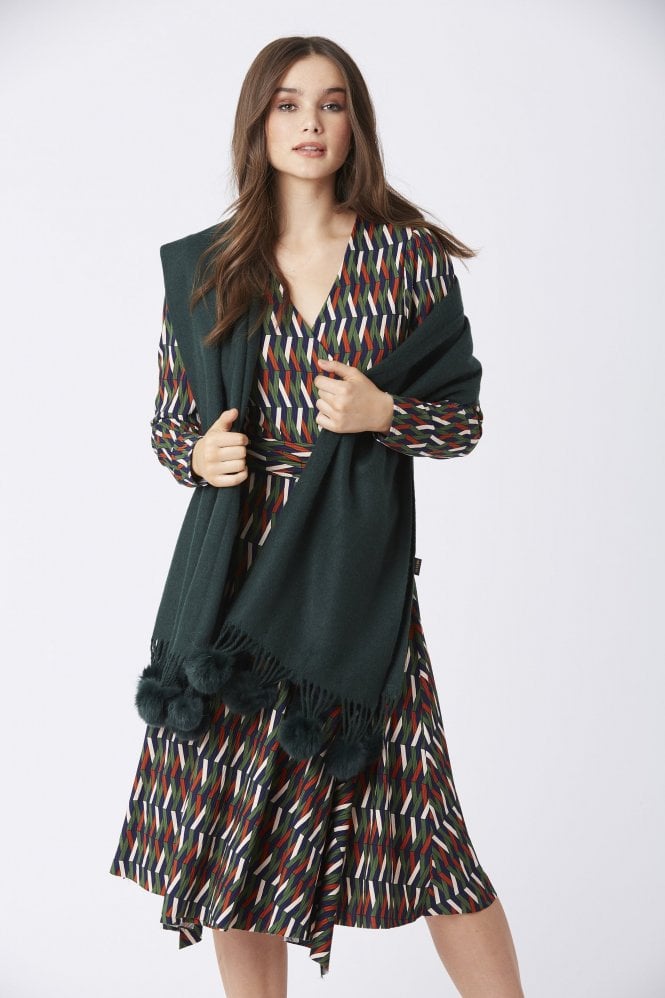 JAYLEY Green Cashmere Coney Pom Pom Wrap