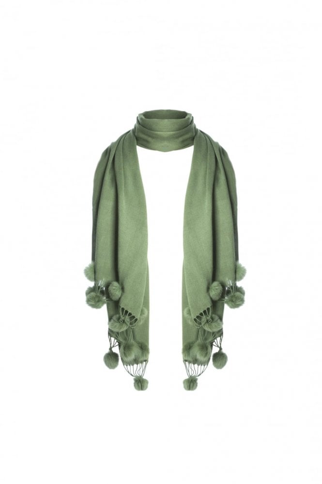 JAYLEY Green Cashmere Wrap With Coney Fur Pom Poms
