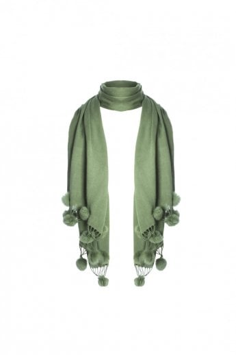 Green Cashmere Wrap With Coney Fur Pom Poms
