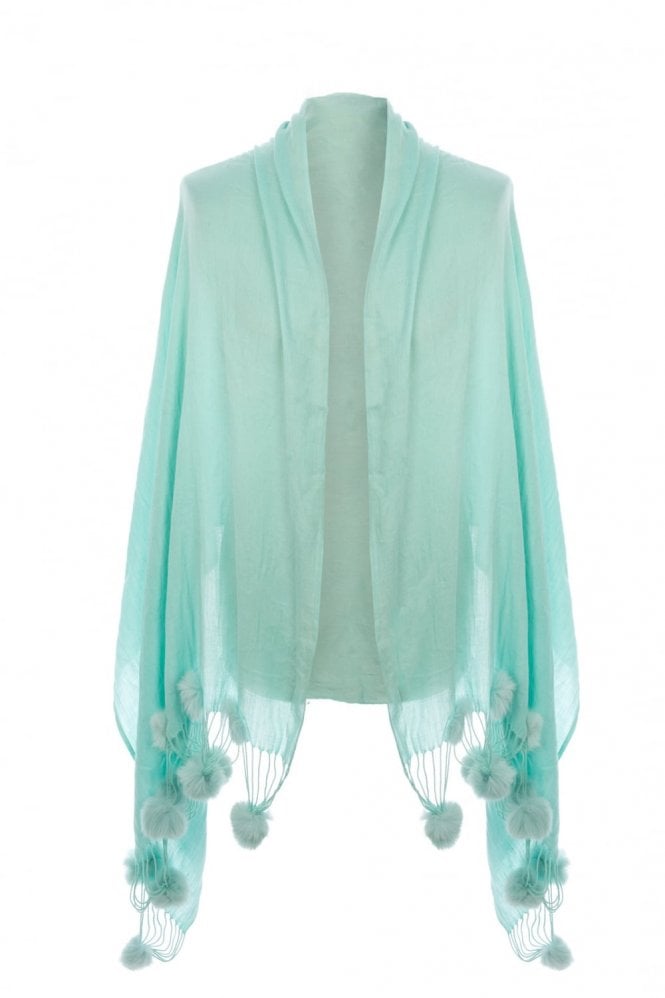 JAYLEY Green Cashmere Wrap With Coney Fur Pom Poms