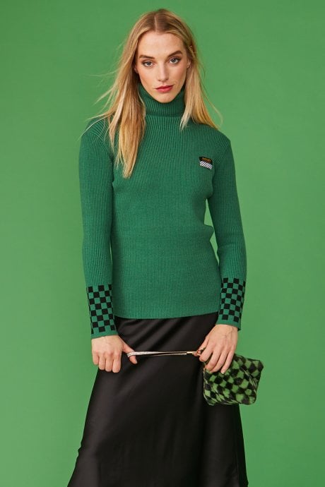 Green Check Cashmere Turtleneck Jumper
