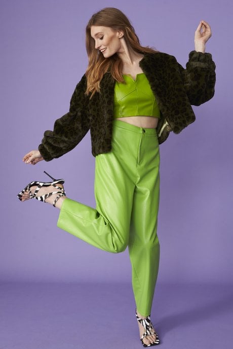 Green Cropped Faux Fur Jacket