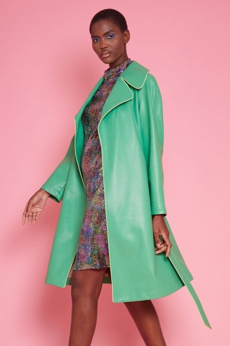 Green Eco Leather Trench Coat