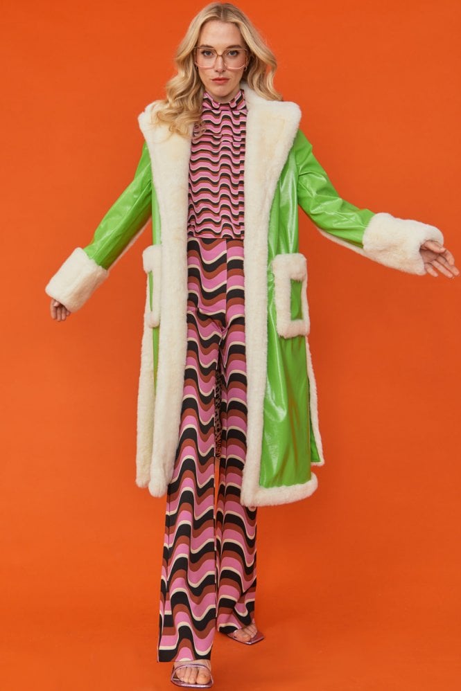 JAYLEY Green Faux Fur and Faux Suede Trench Coat