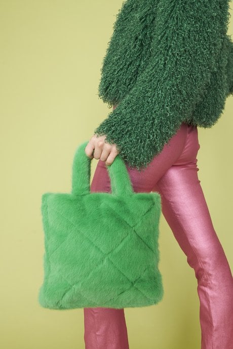 Green Faux Fur Diamond Stitch Tote Bag