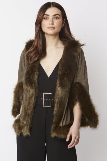 Green Faux Fur Faux Suede Cape Jacket