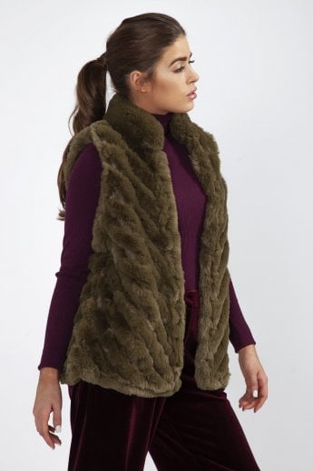 Green Faux Fur Faux Suede Diagonal Stripe Gilet | Waistcoat