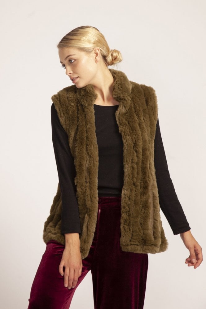 JAYLEY Green Faux Fur Faux Suede Vertical Stripe Vest