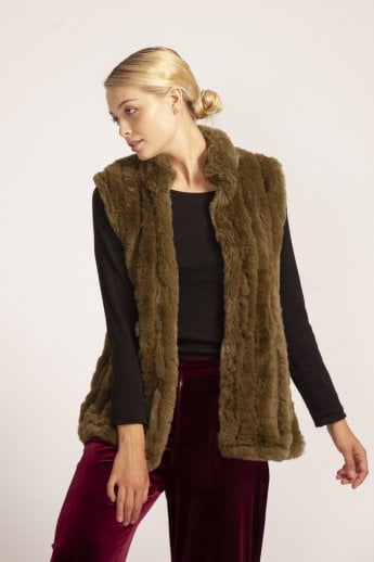 Green Faux Fur Faux Suede Vertical Stripe Gilet | Waistcoat