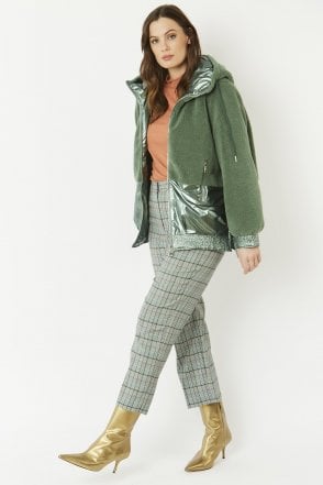 Green Faux Fur Hooded Zip Jacket with Metallic Trim