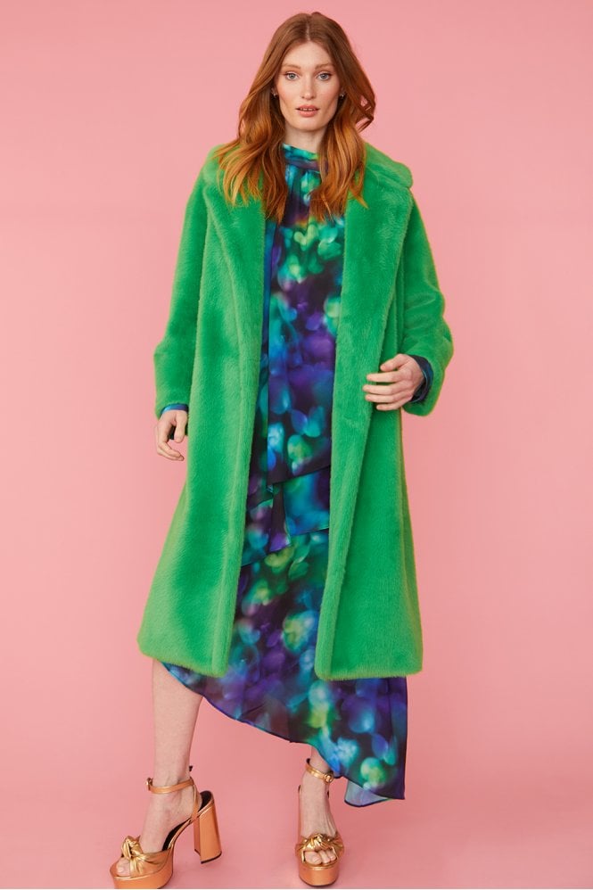 JAYLEY Green Faux Fur Midi Coat