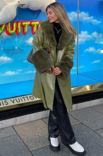 Green Faux Suede Alina Midi Coat with Faux Fur Cuffs and Collar