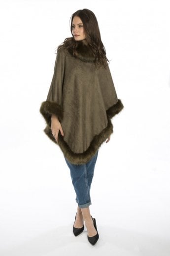 Green Faux Suede and Faux Fur Poncho