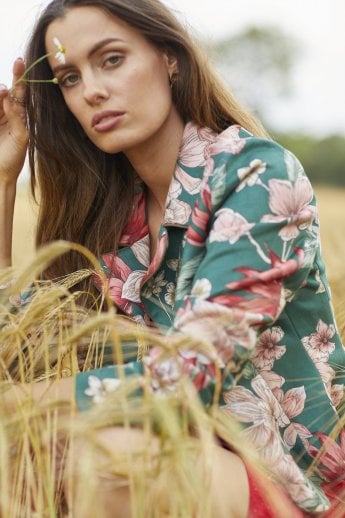 Green Faux Suede Floral Print Blazer Jacket