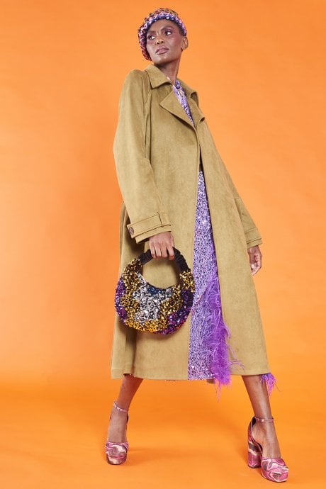 Green Faux Suede Trench Coat