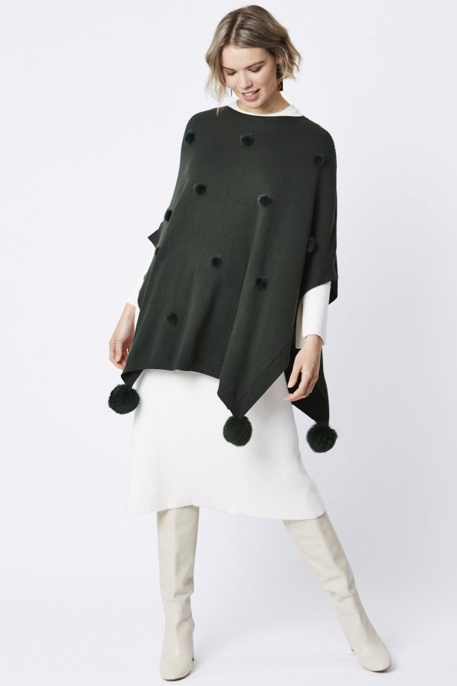 JAYLEY Green Fine Knit Cashmere Blend Pom Pom Poncho