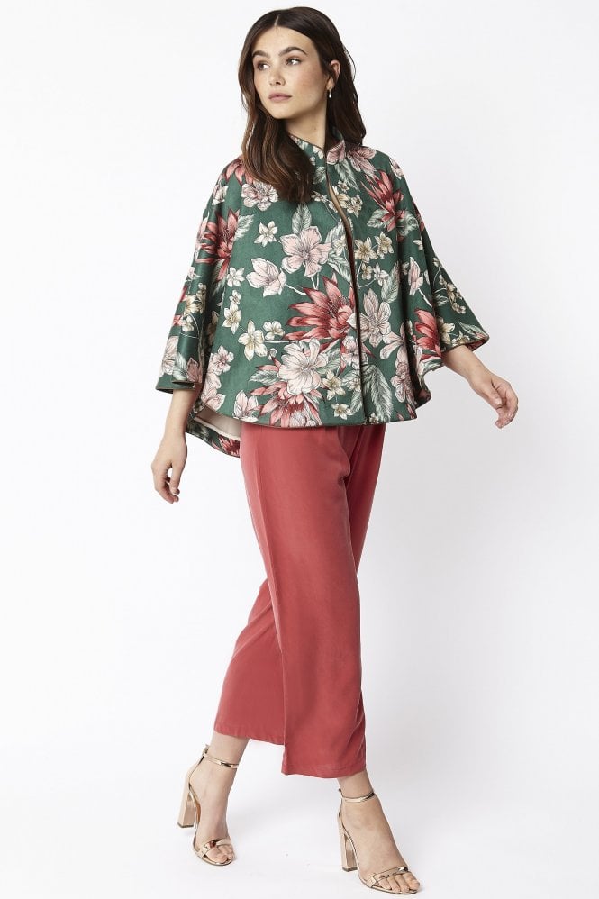 JAYLEY Green Floral Print Faux Suede Cape Jacket