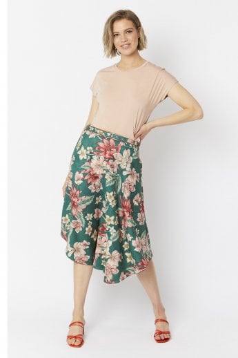 Green Floral Print Faux Suede Skater Skirt