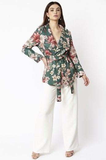 Green Floral Print Faux Suede Tie Waist Jacket