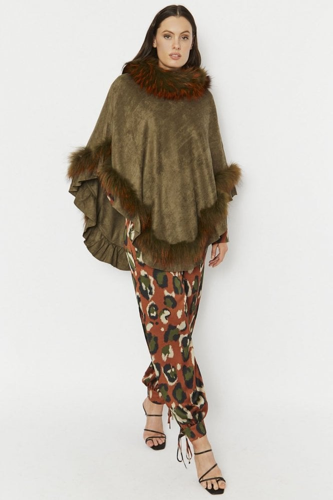 JAYLEY Green Fox Fur and Faux Suede Poncho