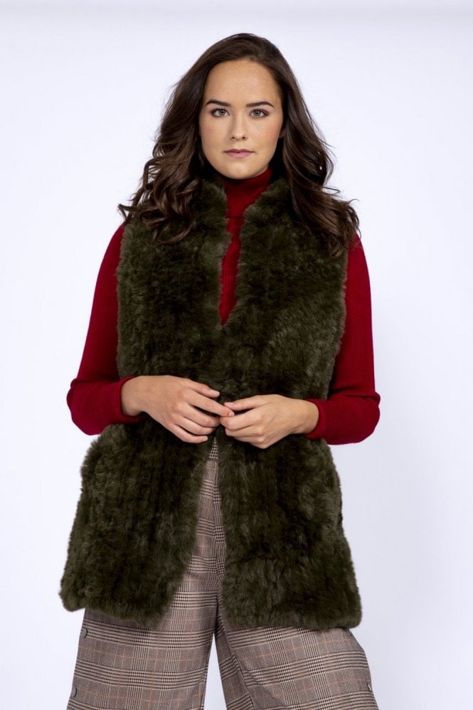 JAYLEY Green Hand Knitted Faux Fur Vest