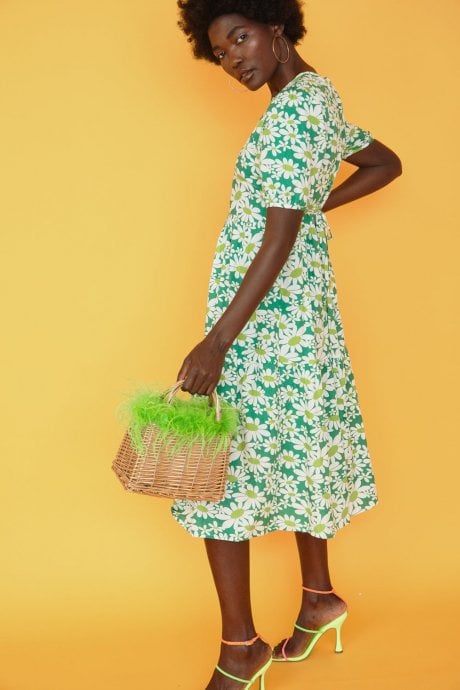 Green Hand Made Salines Straw Bag with Ostrich Feather