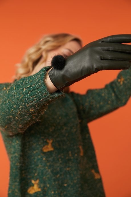 Green Leather Gloves with Fur Bobble