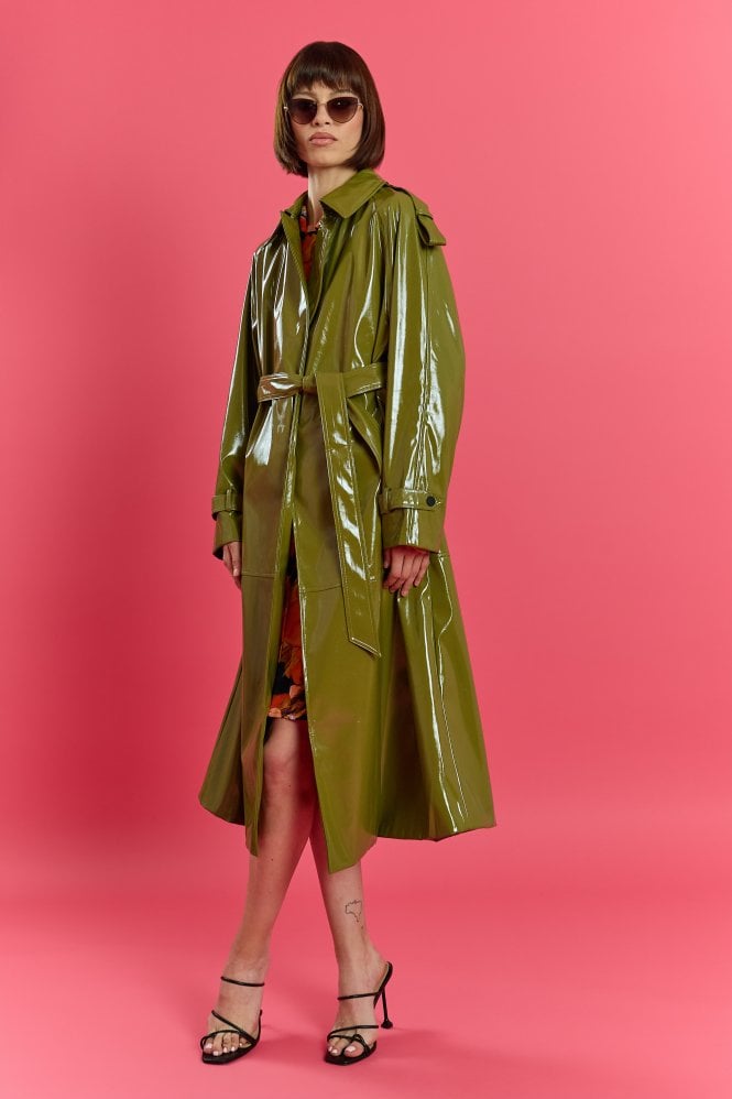 JAYLEY Green Maxi Eco Leather Trench Coat