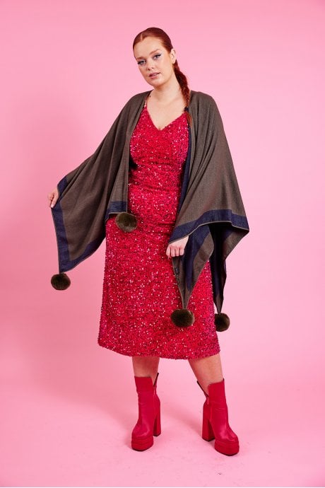 Green Reversible Cashmere Wrap Cape with Faux Fur Poms
