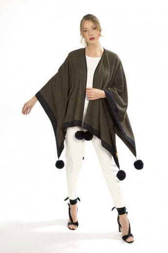 Green Reversible Cashmere Wrap Cape with Faux Fur Poms