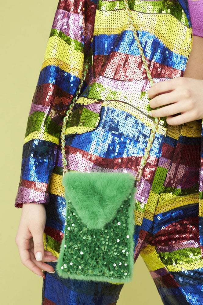 JAYLEY Green Sequin and Faux Fur Phone Holder