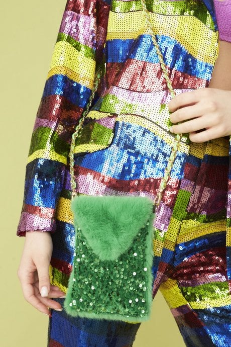 Green Sequin and Faux Fur Phone Holder
