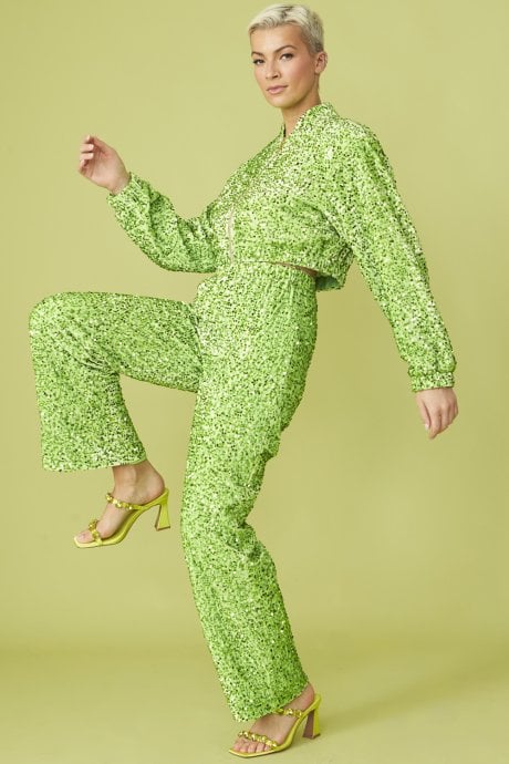 Green Sequin Trousers with Elasticated Waste