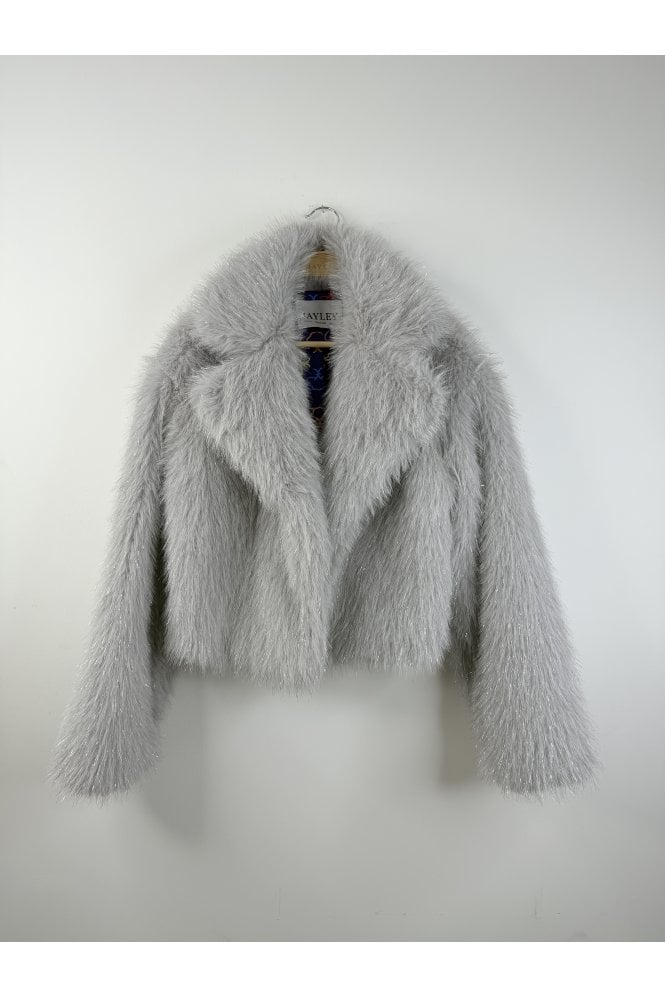 JAYLEY Grey Bamboo Sparkle Faux Fur Jacket 