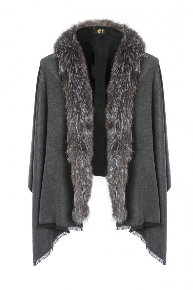 JAYLEY Grey Cashmere and Silk with Fur Wrap